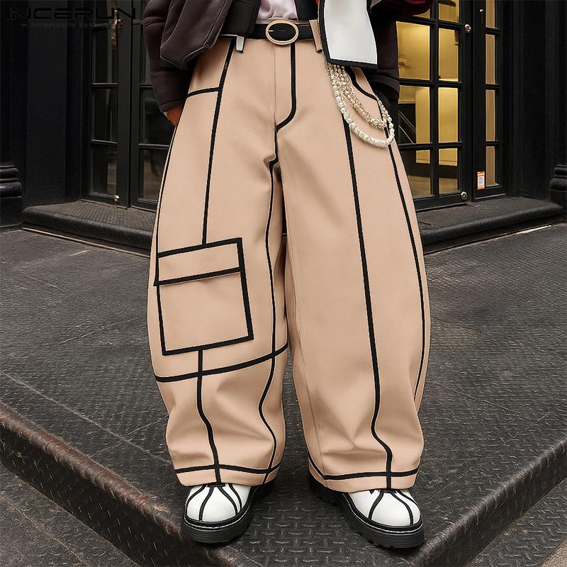 INCERUN Men Zipper Waist Stitching Casual Long Trousers Wide Legs Pants