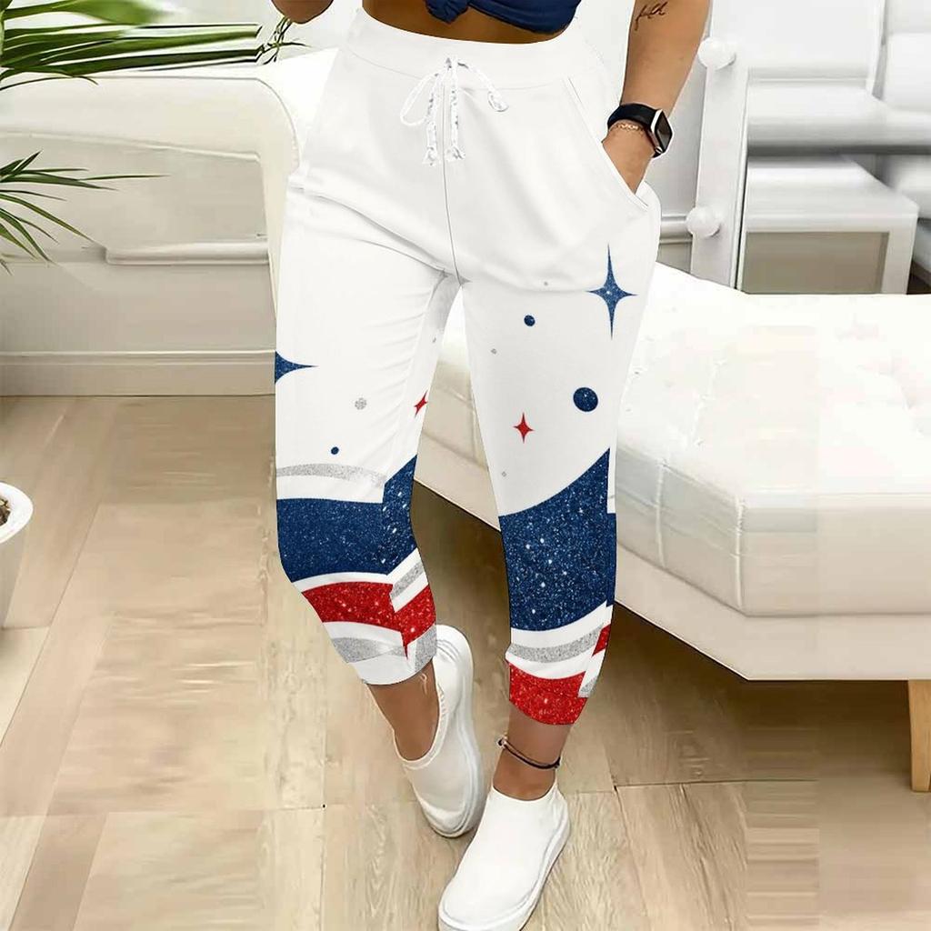 Women Plus Size Navy Blue Printed Jogger Pants Drawstring Waist Side Pockets Cuffed Ankle