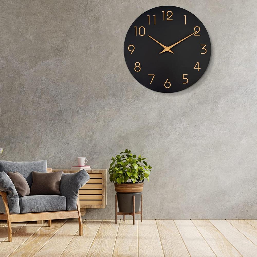 Wall Clock Black Battery Operated Silent Non Ticking Simple Minimalist Rose Gold Numbers Clock Decorative Wall Clock