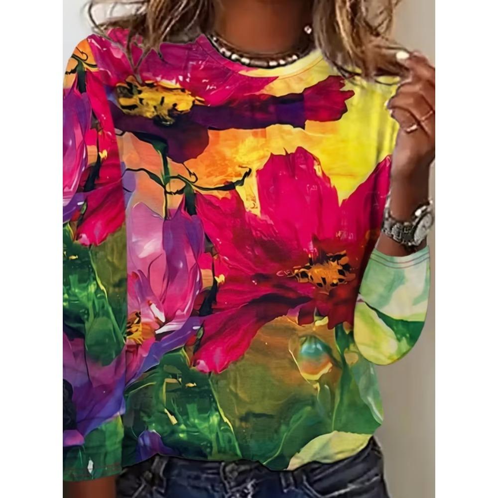 Ladies' Casual V-neck Long Sleeved Cartoon Portrait Contrasting Printed Semi Transparent Top