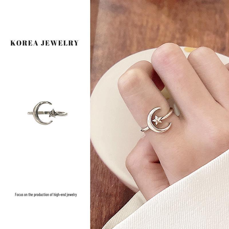 

Корейское кольцо из стерлингового серебра «Звезда и Луна» - Не тускнеющий дизайн для женщин Adjustable opening