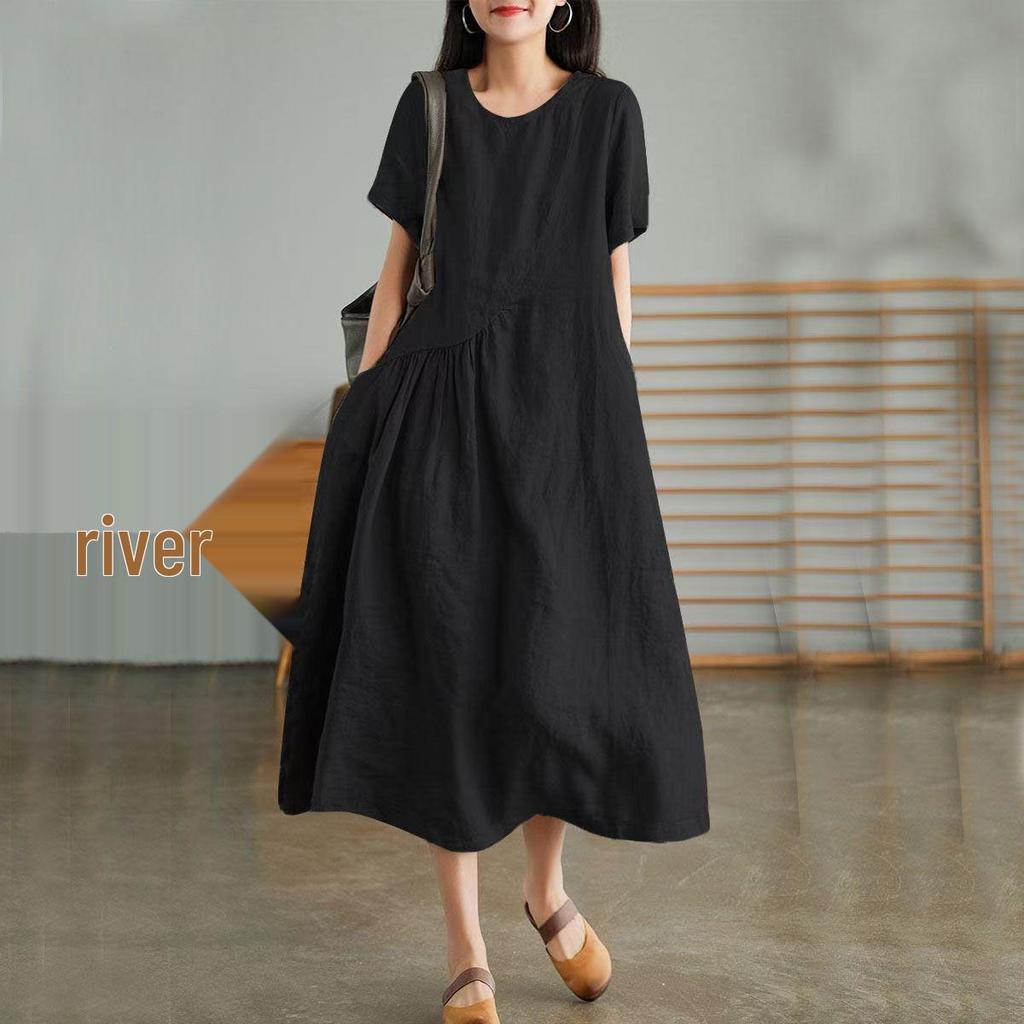 Japanese Women's Loose-Fit Cotton & Linen Irregular Hem Dress