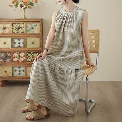Yarn-dyed Cotton and Linen Cotton Vertical Strips Back Collar Slit Small Neckline Fishtail Pendulum