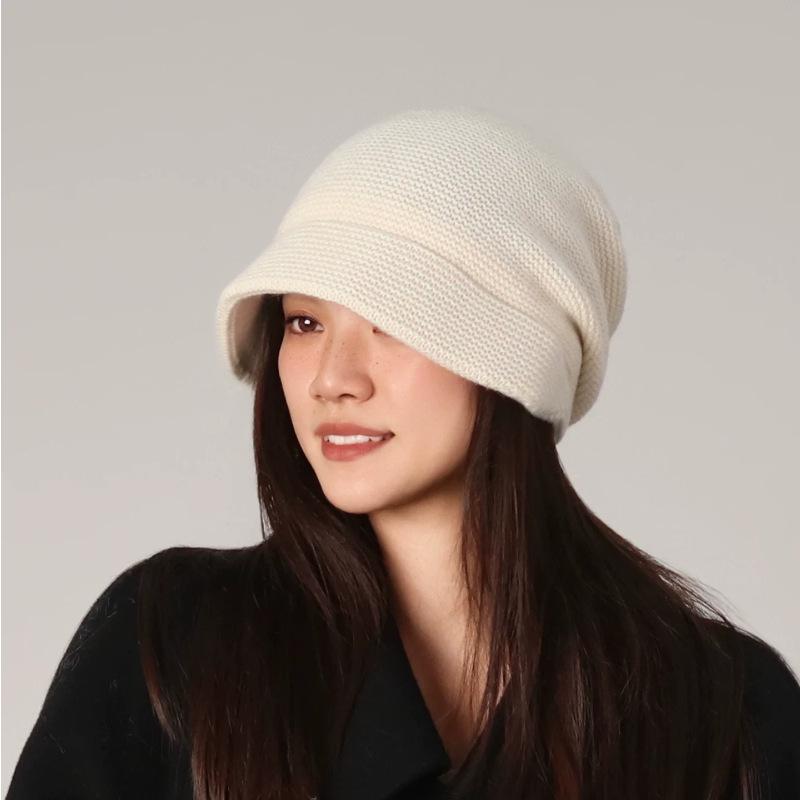 Autumn and Winter Bucket Hat Women's Cap Bag Head Show Face Small Warm Casual Versatile Knitted Wool Stacking Hat