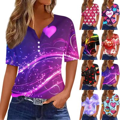 Damski T-shirt Koszulka Nadruk Guzik Krótki Rękaw Codzienny Weekendowy Moda Podstawowy Dekolt V Regularny Top St. dzień Patryka