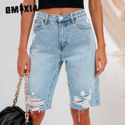 Zomer Stedelijk Casual Effen Gewassen Gescheurd Dames Denim Rechte Pijp Jeans