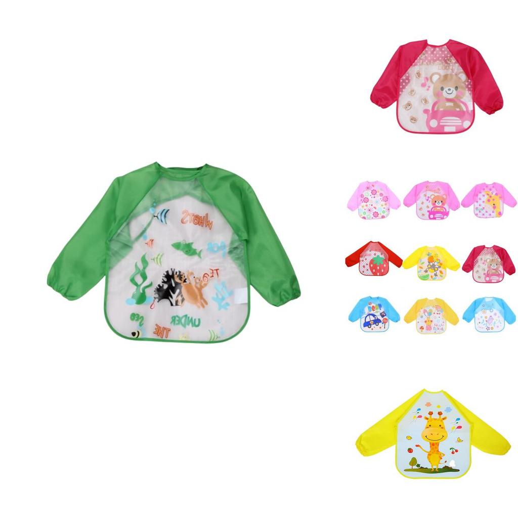 Cute Waterproof Cartoon Baby Feeding Apron With Long Sleeves For Toddler Weaning