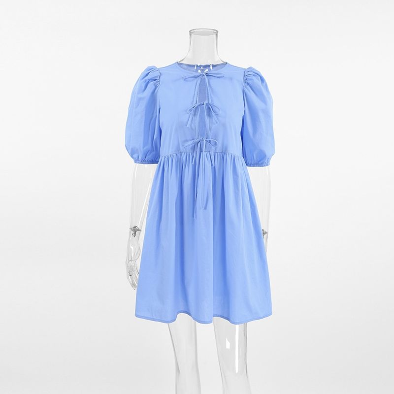 

New Arrival Summer Puff Sleeves Shoelace Russia Dress Sexy Bubble Sleeves Dress Blue S