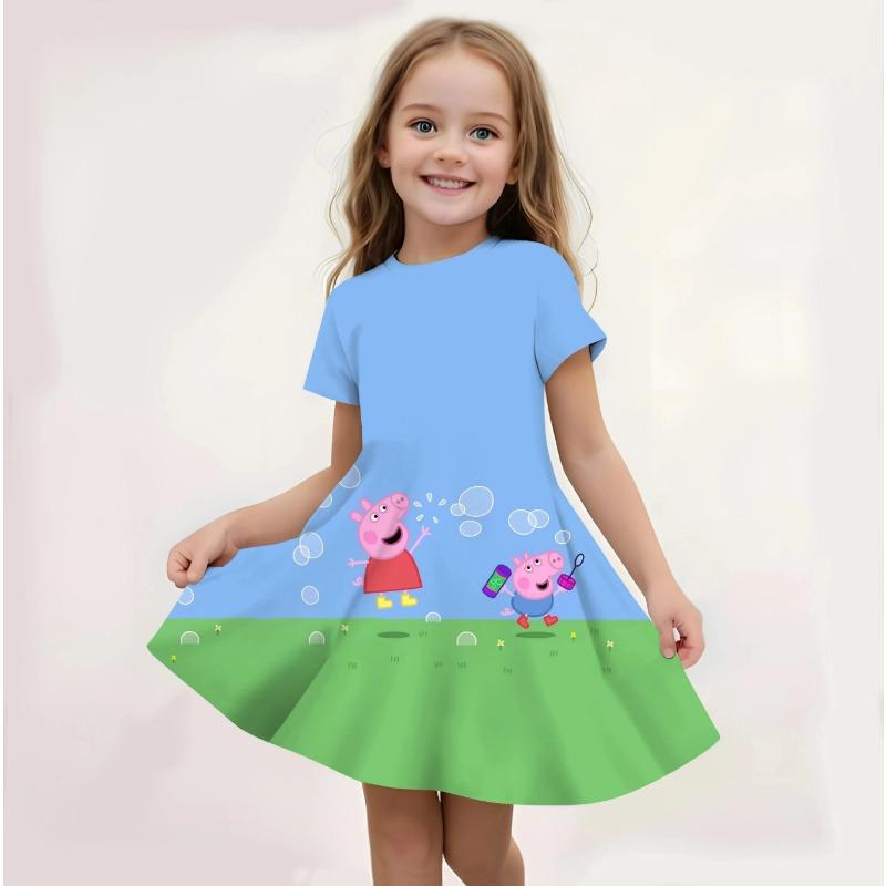 Summer Girls Casual Sundress Peppa Pig Cartoon Print Fashion Beach Dress Soft Breathable Lightweight