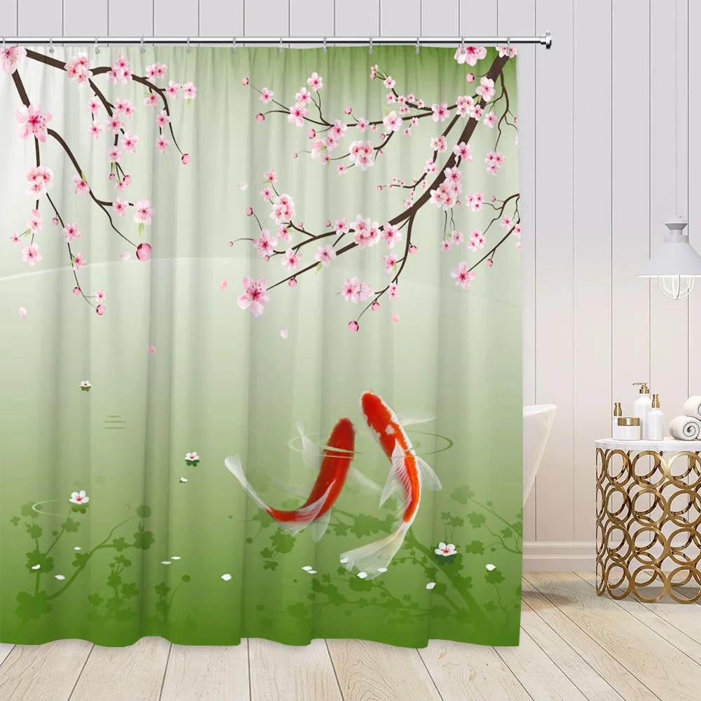 Chinese Style Shower Curtains Lotus Koi Bamboo Chinese Ink Painting Bathroom Curtain Vintage Bath Decorations For Home