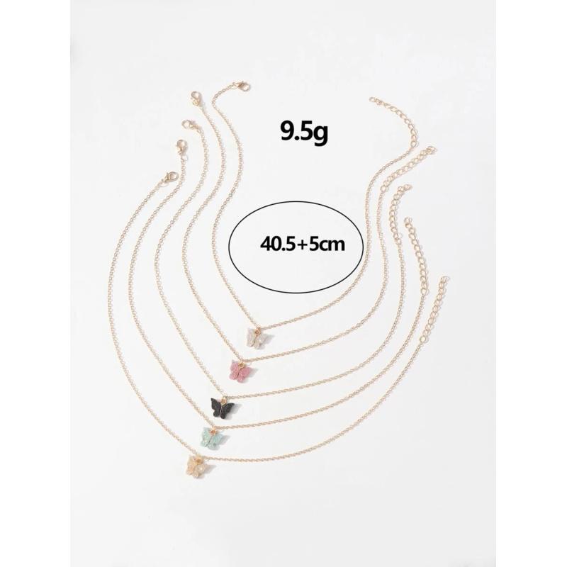 5pcs Fashionable Minimalist Chain Cute Glitter Butterfly Pendant Necklace Set For Women, Versatile Daily Accessory