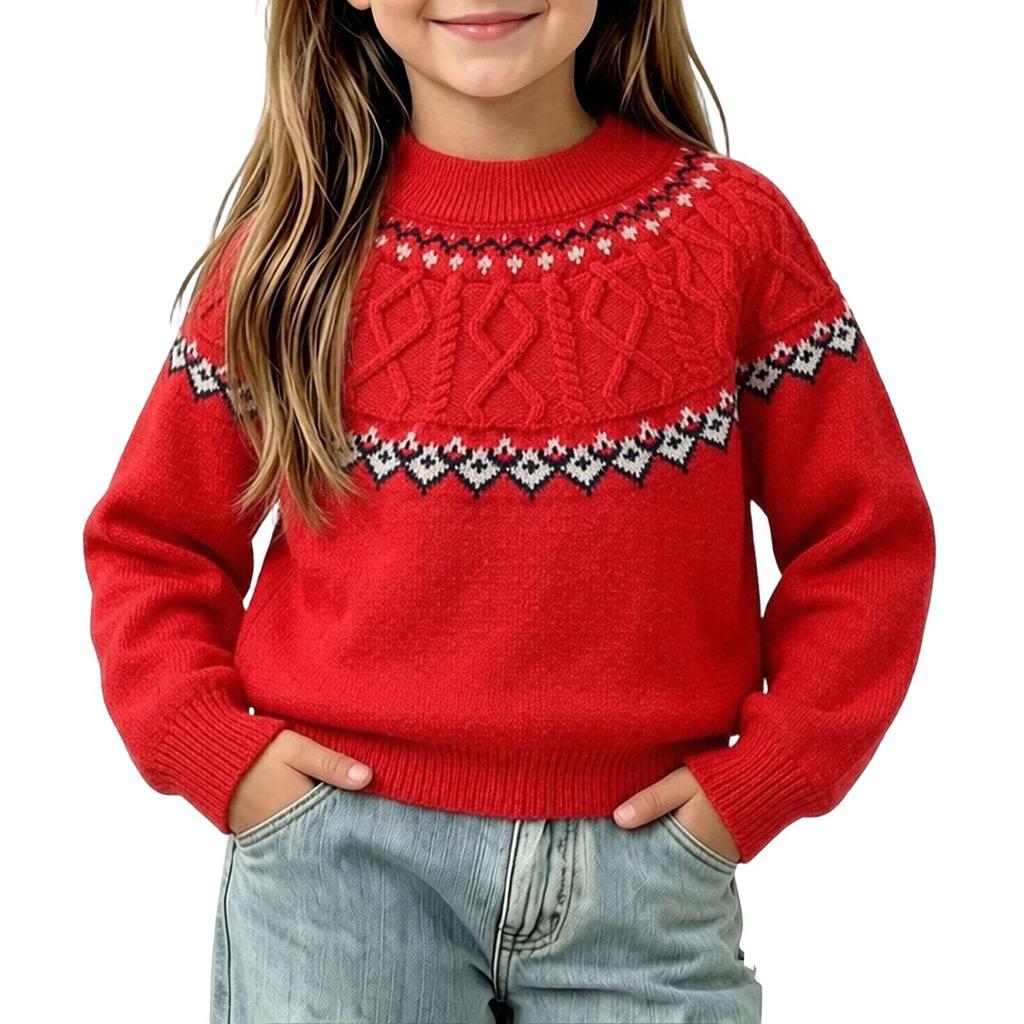 Girls Knitted Pullover Sweater with Pattern, Warm Long Sleeve Base Layer Top for Winter