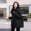Women's Hooded Drawstring Waist Puffer Jacket with Pockets Solid Color Winter Coat