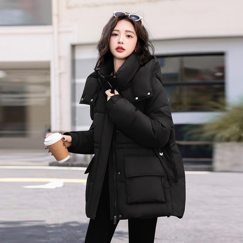 Women's Hooded Drawstring Waist Puffer Jacket with Pockets Solid Color Winter Coat