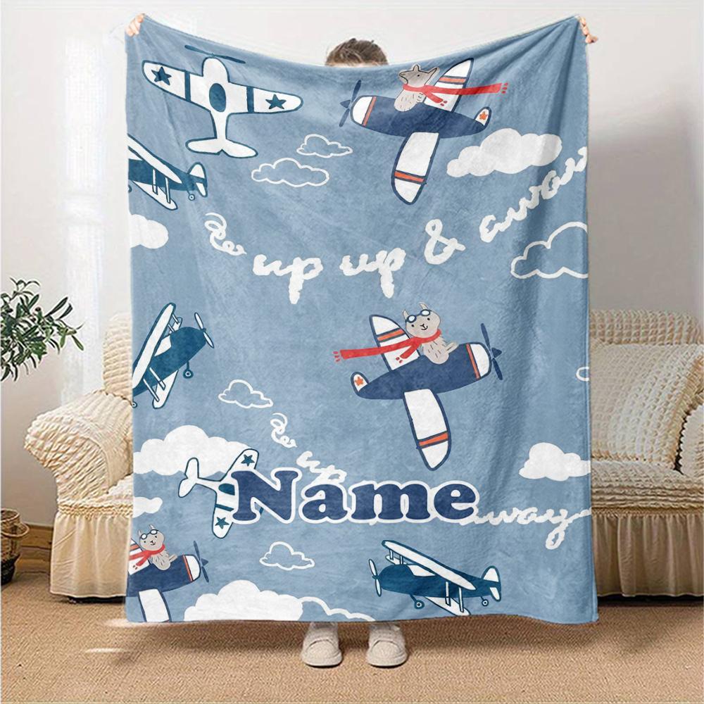 Custom Name Cute airplane Theme Printed Blanket - Perfect for Couch, Bed, Travel & Outdoor Use | Machine Washable, Cozy & Durable.