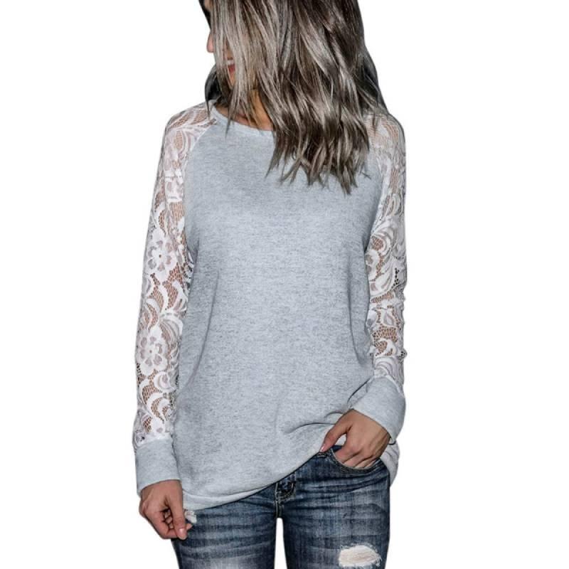 Trim Grey Lace Crew Neck Fitted Tshirt Blended Fabric Hoodie Women Sleeve Long