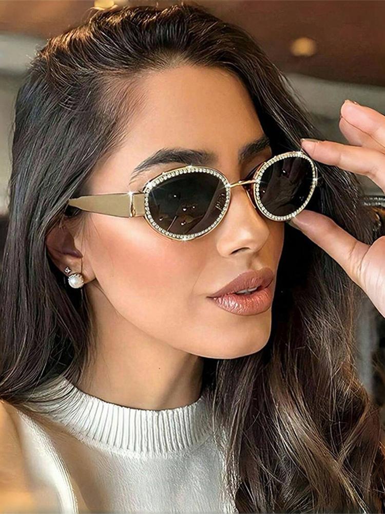 Drill Sunglasses Female Senior Feeling Ins Oval-Framed Metal Glasses Fashion European And N  Sunglasses