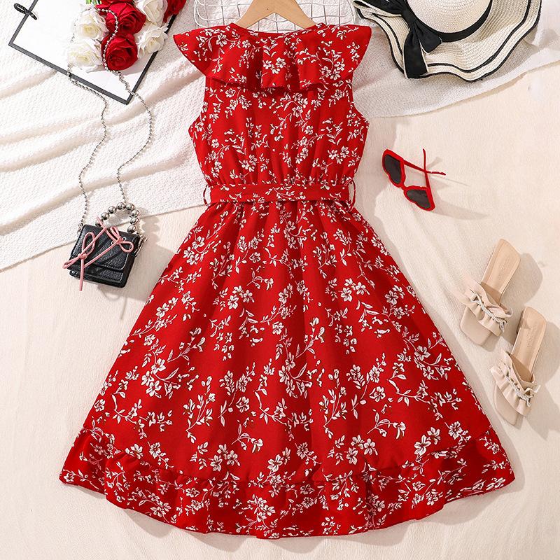 Girls' Fashion Dress Summer Children's Print Sleeveless Waisted Princess Dress
