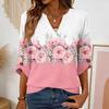 Womens V Neck Loose Fit Blouse with Floral Print Three Quarter Sleeve Button Casual Top for Daily Wear