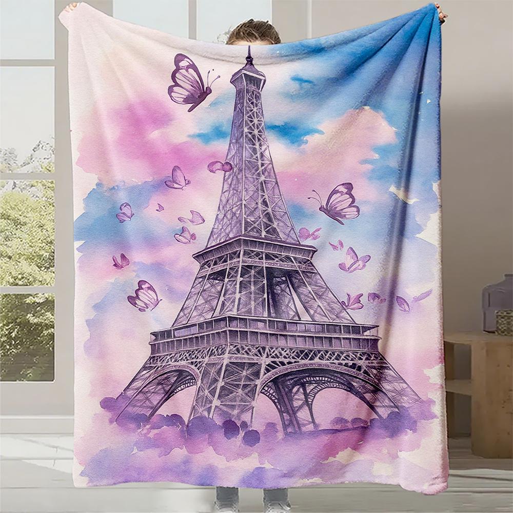 

1pc Romantic Paris Eiffel Tower & Purple Butterfly Print Flannel Blanket - High-Weight Soft Warmth, Light -Friendly All-Season 130x150cm