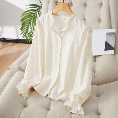 Apricot Embroidered Shirt Women's Long-sleeved Spring Dress New Pure Cotton Embroidered White Shirt