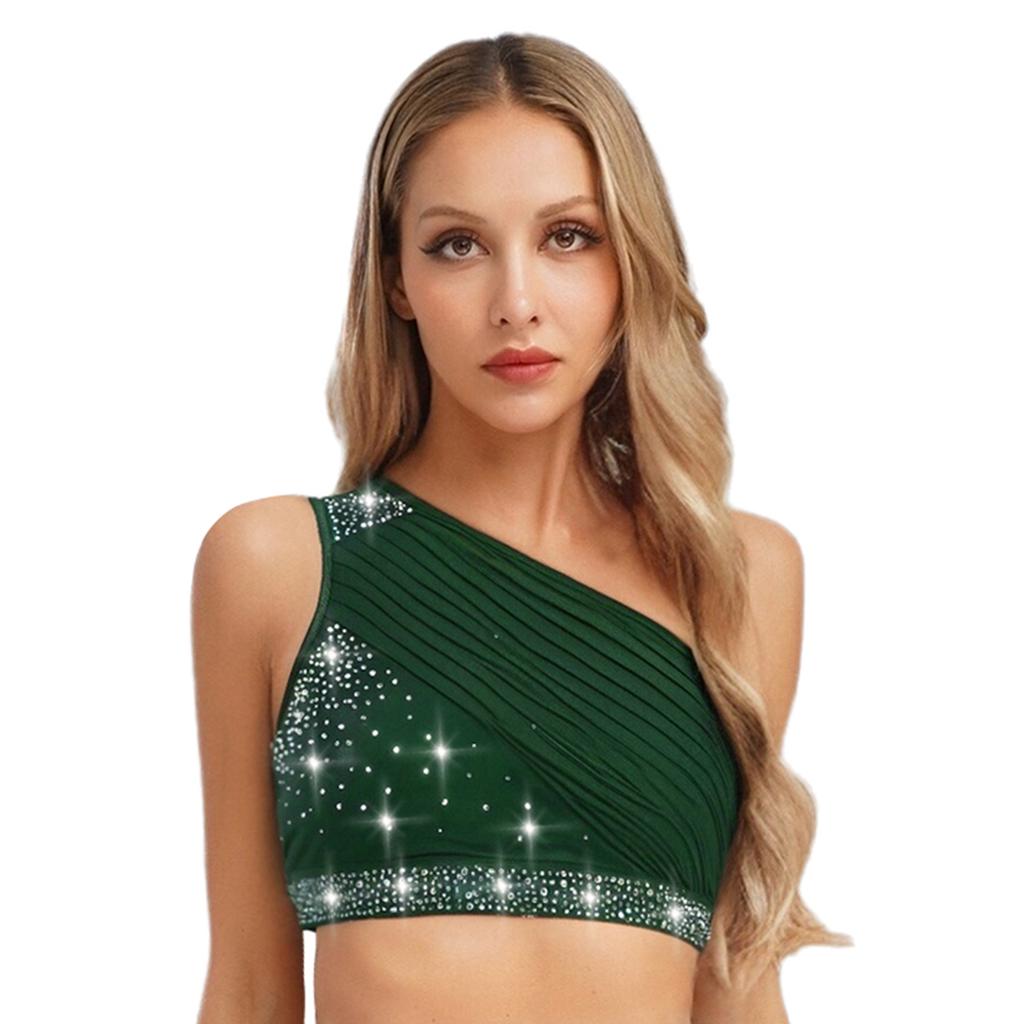 Women's Lyrical Dance Crop Top S-XXL: One Shoulder Ruched Mesh Overlay Rhinestone Design for Modern Dance Performance
