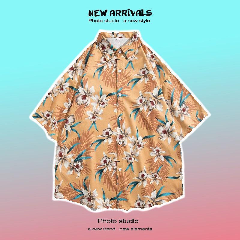 Pánská košile s krátkým rukávem v retro květinovém stylu ve stylu Hongkongu - Havajský design, Rebelská, Všestranná, Volný střih, Letní nošení, Ideální pro páry.