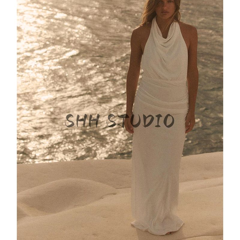 Summer New Arrival Women's Elegant Backless Dress Ruched Hanging Collar Sleeveless Dress 3152312