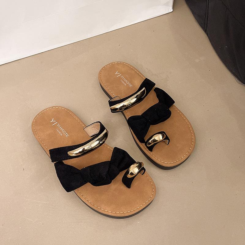 

Sense round head open-toed fashion sandals summer 2025 new flat-bottomed casual slippers pearl solid color toe slippers 35 чёрный