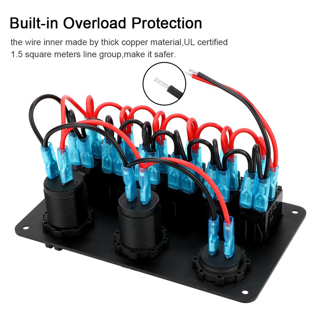 6 Gang Rocker Switch Panel Waterproof DC 12V/24V Dual USB Ports Car Marine Circuit Breaker ON/OFF Lights LED Digital Voltmeter