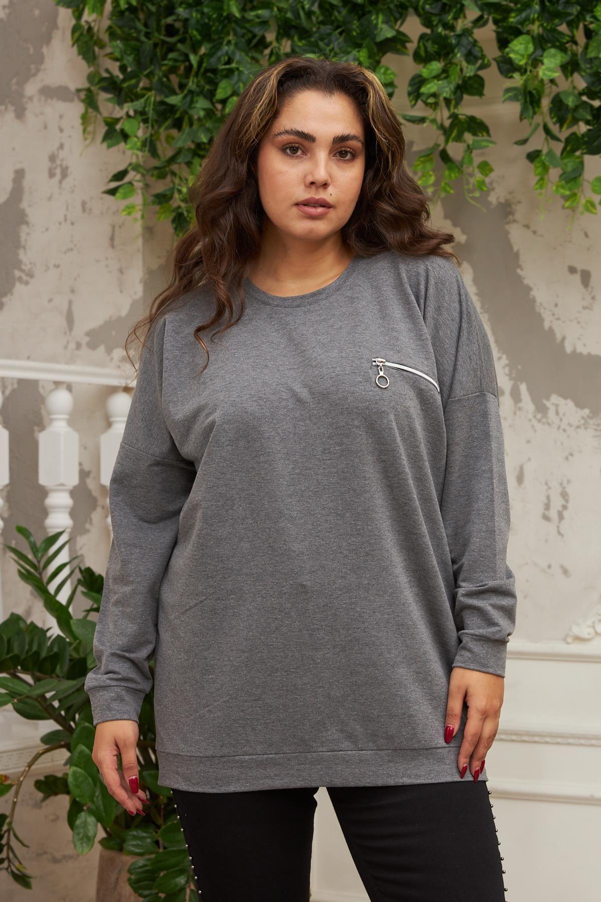 

Women s Style Big Size Sweatshirt Large Size Smoked Sweatshirt With Zipper Detail 2XL
