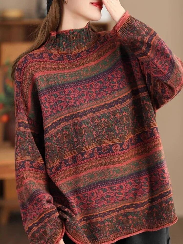 Vintage Women Long Sleeve Soft Cotton Mock Neck Knitted Casual Sweater Top Pullover Spring Johnature