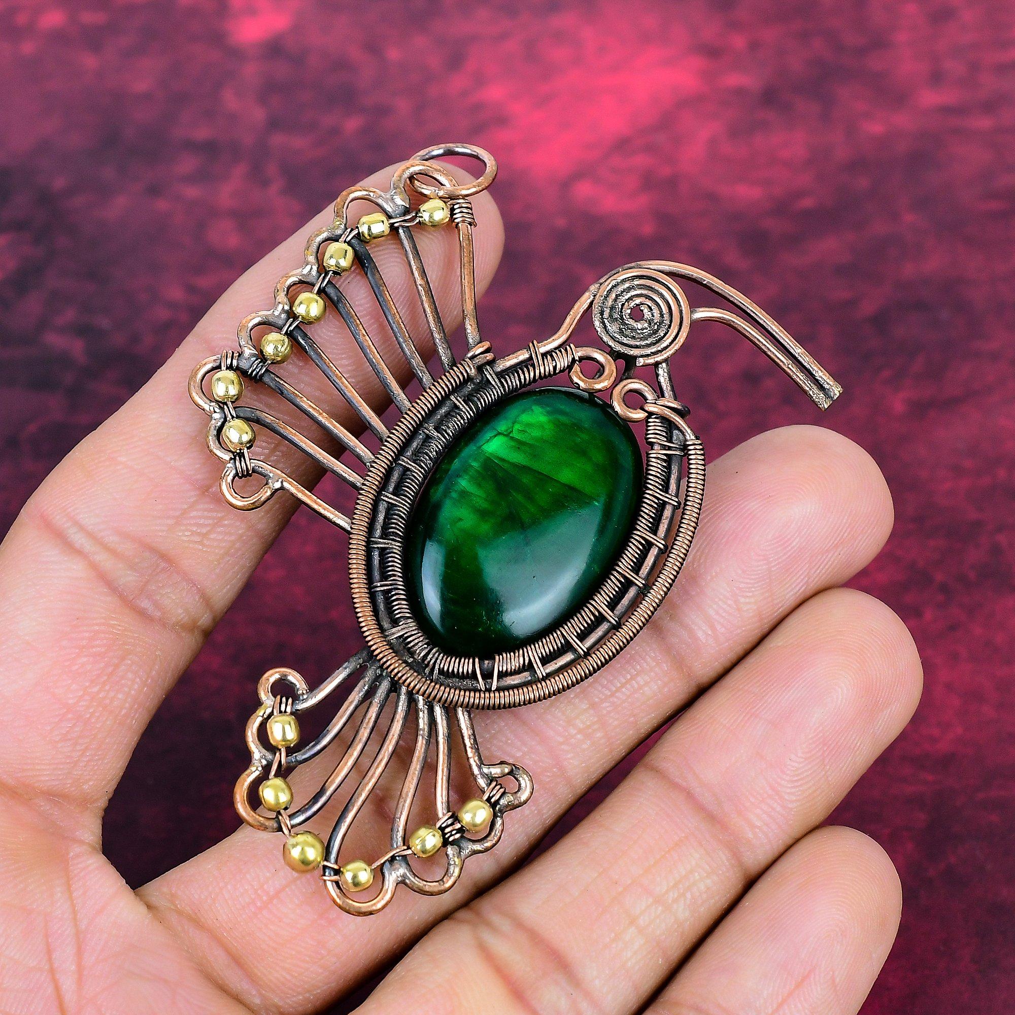 Green Fire Labradorite Pendant Copper Wire Wrapped Jewelry Gemstone Bird Pendant