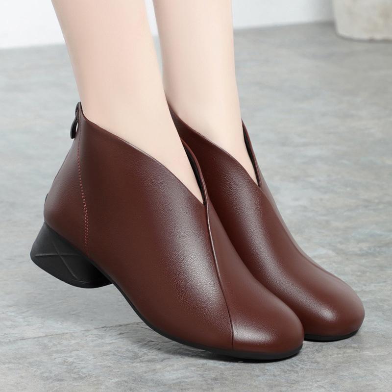 Nuovo Design Scarpe da Caviglia Moda Donna Bocca Profonda Punta Tonda Classica Comfort Pelle Morbida Tacco Basso Zip Scarpa Singola