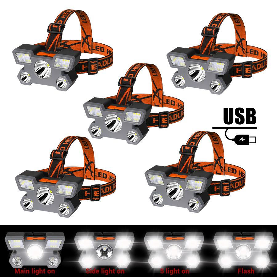 Powerful 5 LED Headlight USB Rechargeable Ultra Bright Headlamp Built-in 18650 Battery Head Torch Outdoor Camping Searchlight