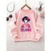 Kids Girls Crewneck Sweatshirt, Cute Curly Hair Anime Girl With Pink Bow Colorful Geometric Outfit Print With Text "VEV A EEVA" Soft Fleece Pullover