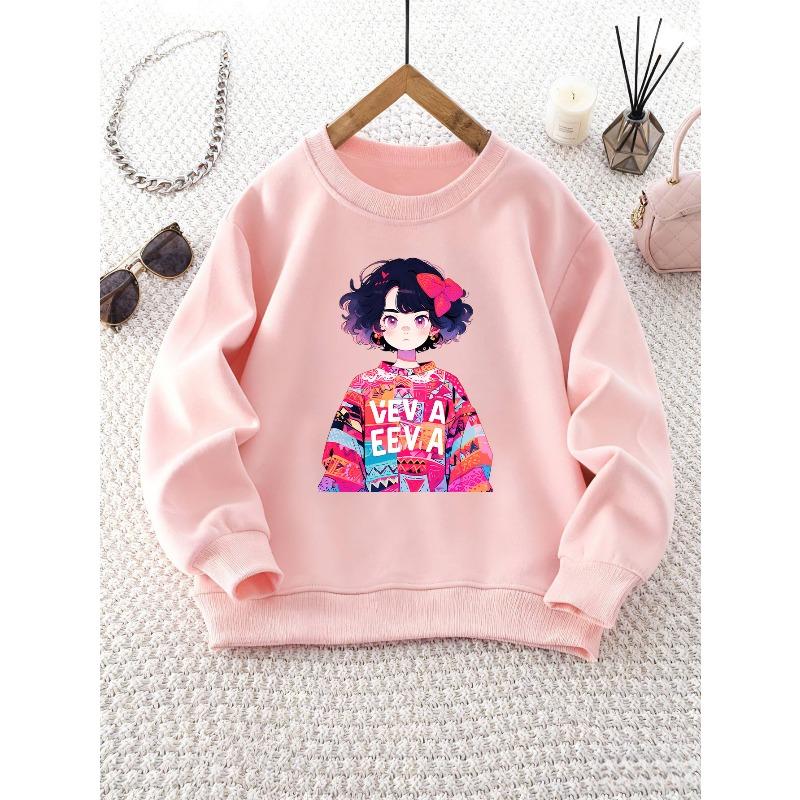 Kids Girls Crewneck Sweatshirt, Cute Curly Hair Anime Girl With Pink Bow Colorful Geometric Outfit Print With Text "VEV A EEVA" Soft Fleece Pullover