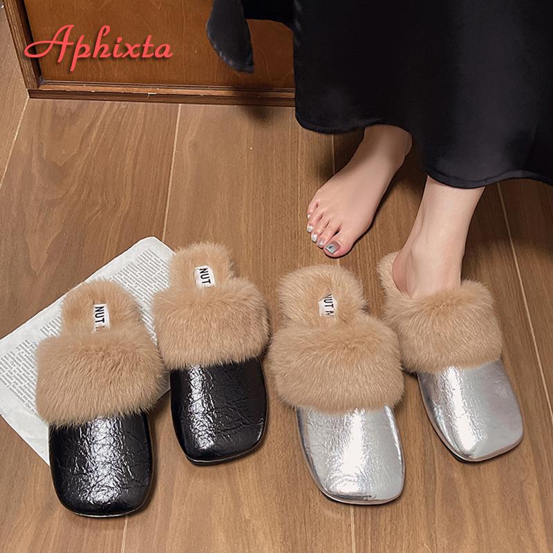Fashion Aphixta Soft Leather Solid Color Indoor Slipper Furry Warm Women Mule Shoes Flat With Slides Chaussures Femme Zapatos Mujer