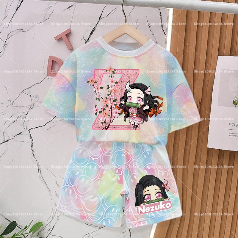 Demon Slayer Girl Tie-dye Smlie Tees Children Nezuko Short Sleeves Baby T Shirt Shorts 2pcs Kids Kawaii Summer Clothing Set New