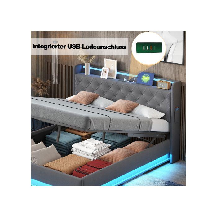 Pat LED - MUVOE - 140x200 cm - Țesătură de in gri - Încărcare USB - Depozitare hidraulică