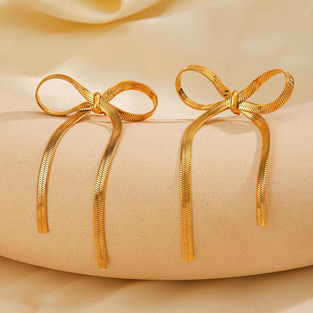 New Fashion Gold Color stainless steel Flat Snake Chain Knot Bow Earrings for Women Girls Bowknot Long Tassel Earring