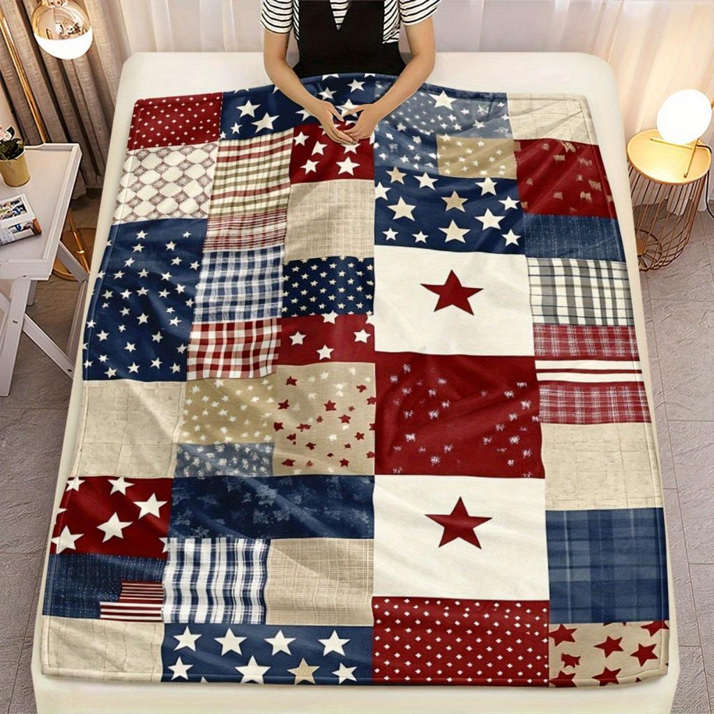 American Flag Patchwork Blanket Single Sided 2D Print Soft Flannel Blanket Bedroom Living Room Patriotic Decor Warm Rustic Gift