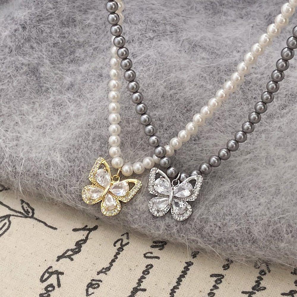 Women's 2-Color French Pearl Cubic Butterfly Necklace