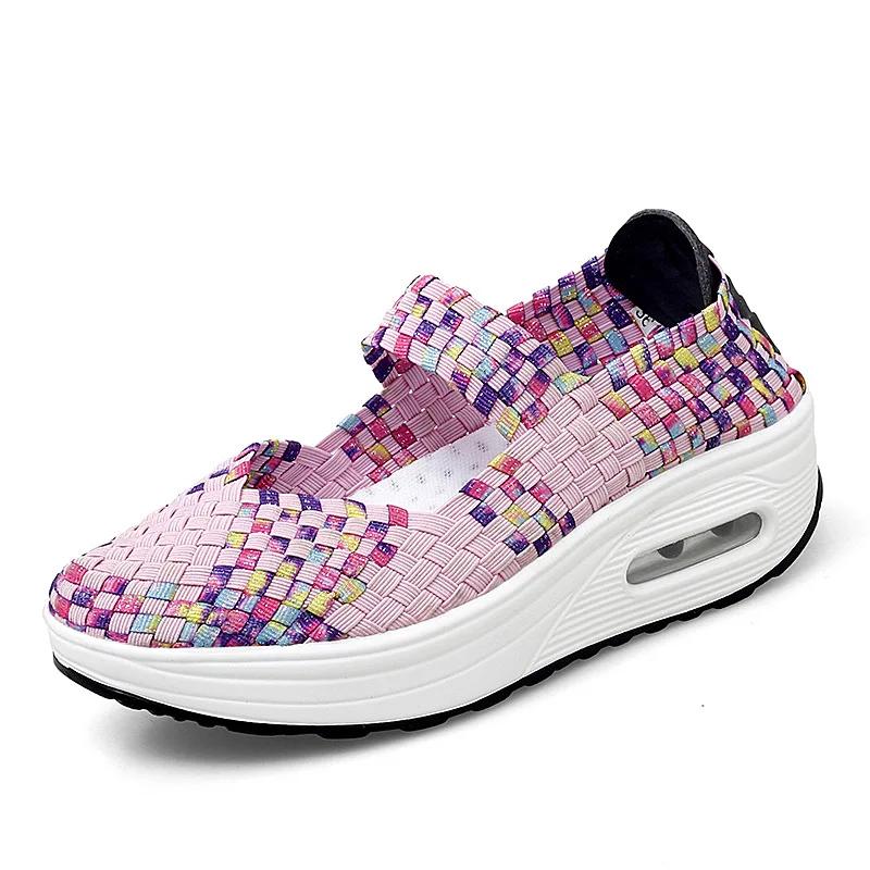  2025 Breathable Casual Women Shoes Loafers Platform Wedges Autumn Woven Slip on Nylon High Heel Pumps Square Dancing