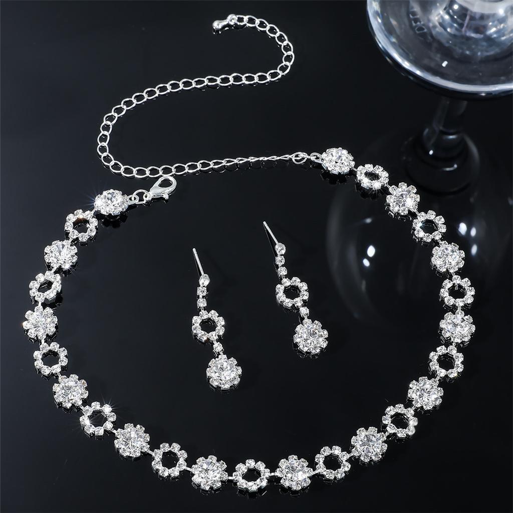 Premium Luxury Super Flash Rhinestone Necklace Earrings Set Chain Bridal Jewelry Two-piece Wedding Accessories