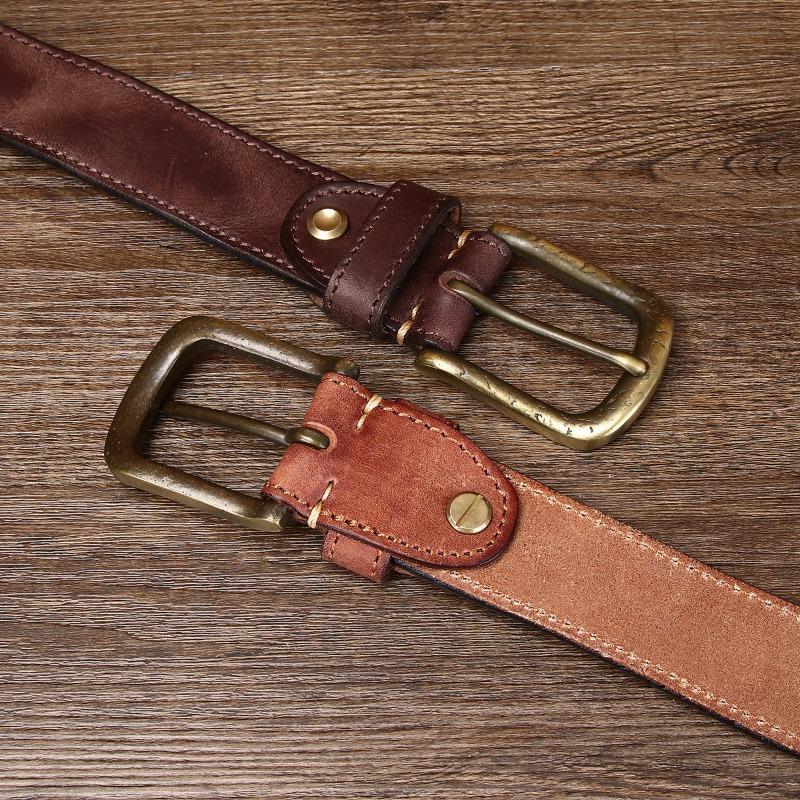 Men's Belt First Layer Cowhide Thickened Copper Buckle Vegetable Tanned Leather Washed Retro Belt
