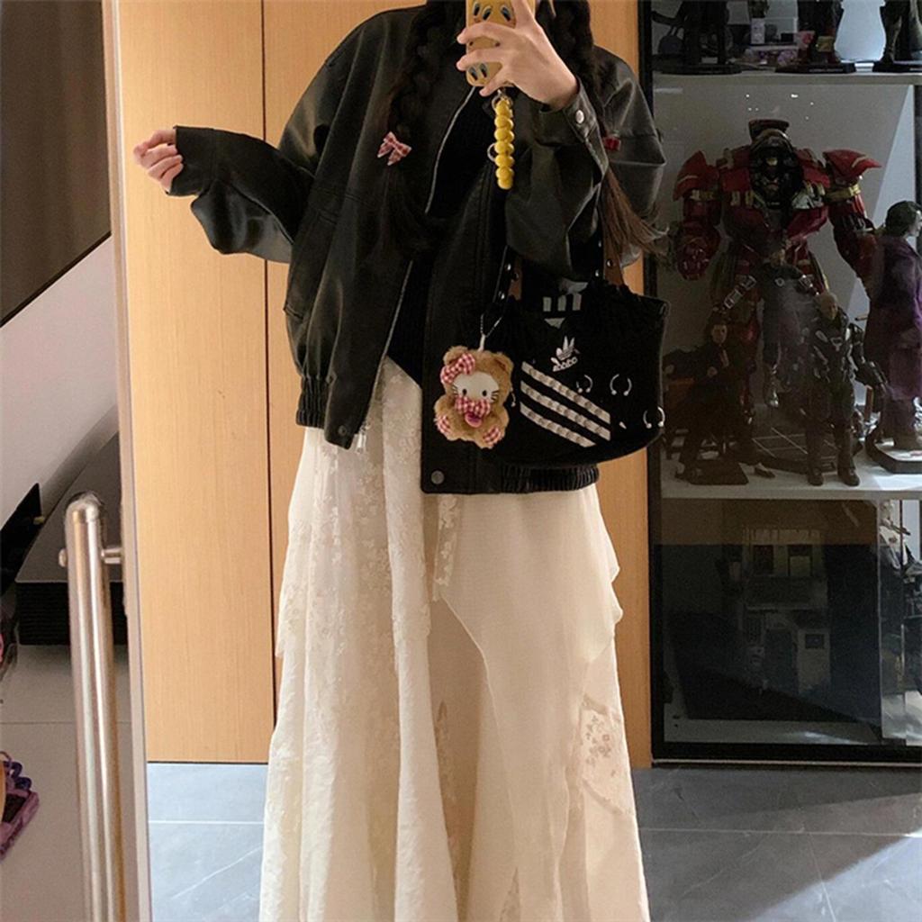 Women's Apricot Lace Patchwork High-Waist Mid-Length Skirt, Plus Size, Irregular Hem, Slimming Autumn Style