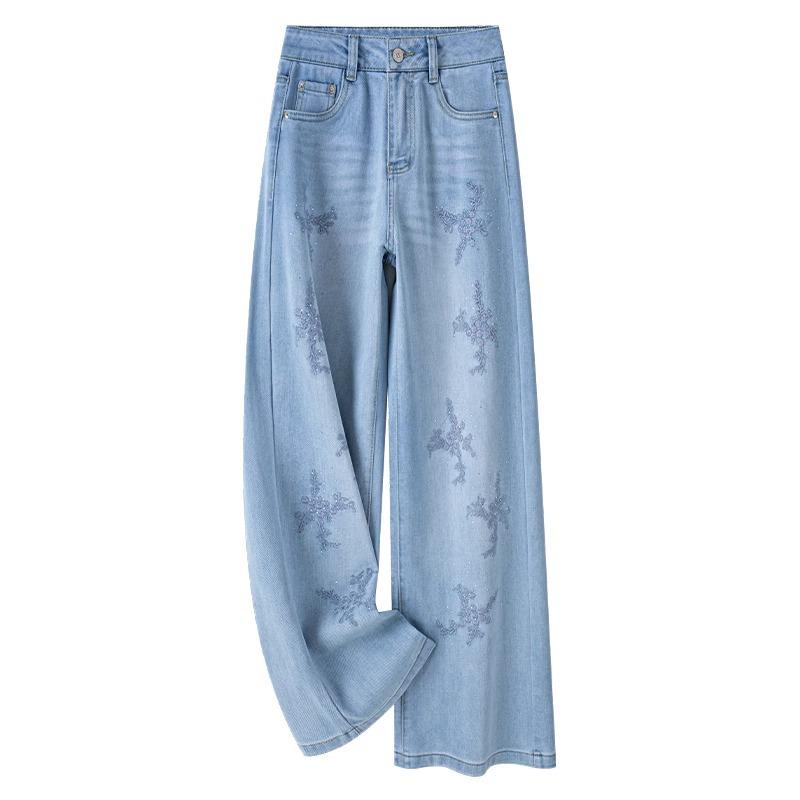 2025 Chinese Style Embroidered Wide-Leg Summer Jeans for Women - Trendy Petite Straight-Leg Design