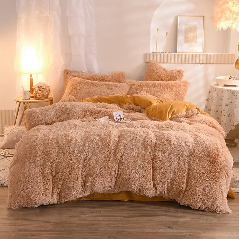3/4PCS Winter Warm Plush Duvet Cover Pink Mink Velve+fluffy Flannel Quilt Cover Queen King Size Luxury Double Bed Bedding Set