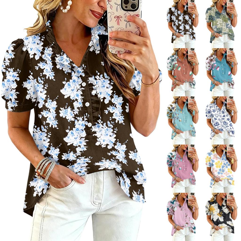 Women Ruffle V Neck Floral Print Short Sleeve Blouse Casual Loose Fit Button Down Top for Daily Office Wear